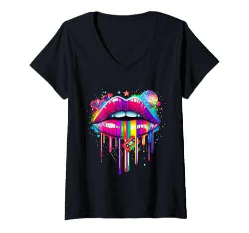 Damen Bunte Lippen Kussmund Retro 80er Jahre Party Look Kostüm T-Shirt mit V-Ausschnitt von Bunte Lippen Kussmund 80er Retro Party Style