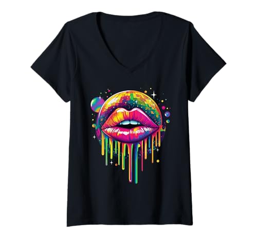 Damen Bunte Lippen Kussmund Retro 80er Jahre Party Look Kostüm T-Shirt mit V-Ausschnitt von Bunte Lippen Kussmund 80er Retro Party Style