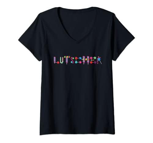 Damen Süßes Lutscher Design Lollipops Schlecker Lolli Süßigkeiten T-Shirt mit V-Ausschnitt von Bunte Schlecker Süßwaren Candy Bonbons am Stiel