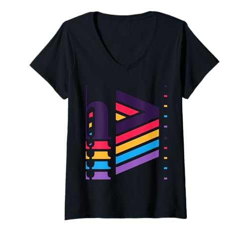 Damen Retro Bunt Geometrisch Colorful Retro Typography Fashion T-Shirt mit V-Ausschnitt Damen Retro Bunt Geometrisch Colorful Retro Typography Fashion T-Shirt mit V-Ausschnitt von Bunte Streifen Geometrisch Angular Colorful Retro