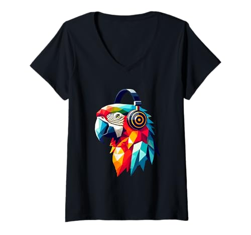 Damen Bunter tropischer Polygon Papagei mit Kopfhörern Musik Kunst T-Shirt mit V-Ausschnitt von Bunte Tier Musik Papagei Pop Art Streetwear Design