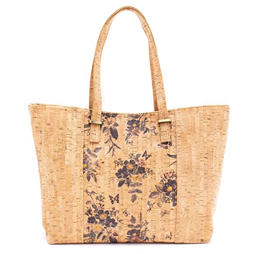 Bunte Welt Tasche/Handtasche/Shopper/Schultertasche für Damen, mittelgroß, beige-braun, aus Kork, vegan, vintage, Motiv Blumen von Bunte Welt