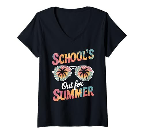 Damen School's Out for Summer Tie Dye Sonnenbrille Retro Ferien T-Shirt mit V-Ausschnitt Damen School's Out for Summer Tie Dye Sonnenbrille Retro Ferien T-Shirt mit V-Ausschnitt von Bunter Abschluss Schule Schüler Lehrer Spaß