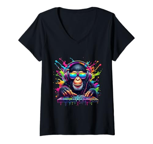 Damen Affe Dj Neon Fiesta Rave Edm Festival Affe T-Shirt mit V-Ausschnitt von Bunter Dj Colorful Affen Music DJ Lover