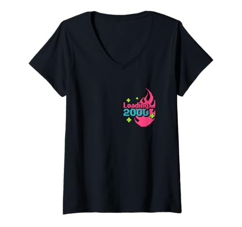Damen Loading 2000 Pixel Spruch Retro Flamme Y2K Grafik T-Shirt mit V-Ausschnitt Damen Loading 2000 Pixel Spruch Retro Flamme Y2K Grafik T-Shirt mit V-Ausschnitt von Bunter Glitch Look Jahr 2000 Gaming Nostalgie