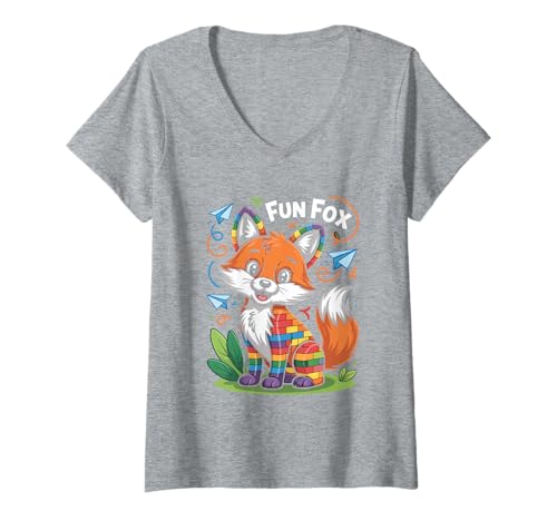 Damen Lustiger Fuchs Regenbogen Papierflieger T-Shirt mit V-Ausschnitt Damen Lustiger Fuchs Regenbogen Papierflieger T-Shirt mit V-Ausschnitt von Bunter Lustiger Fuchs Regenbogen Spaß