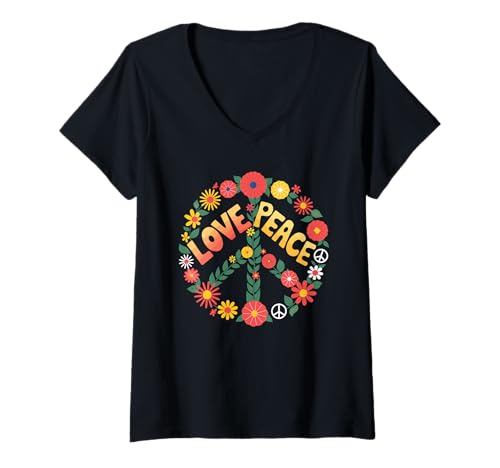 Damen Love Peace Flower Power Retro Hippie Blumen Friedenszeichen T-Shirt mit V-Ausschnitt Damen Love Peace Flower Power Retro Hippie Blumen Friedenszeichen T-Shirt mit V-Ausschnitt von Buntes 60s Boho Hippie Love Peace Flower Power