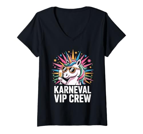 Damen Karneval VIP Crew Lustiges Einhorn Design T-Shirt mit V-Ausschnitt von Buntes Einhorn Karneval Party Freude