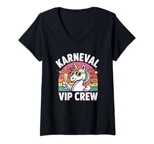 Damen Karneval VIP Crew Lustiges Einhorn Design T-Shirt mit V-Ausschnitt Damen Karneval VIP Crew Lustiges Einhorn Design T-Shirt mit V-Ausschnitt von Buntes Einhorn Karneval Party Freude