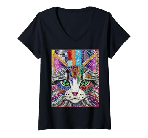 Damen Lebendiger farbenfroher Patchstil Katzenkunstliebhaber T-Shirt mit V-Ausschnitt von Buntes Katzenkunstliebhaber Designs Co.