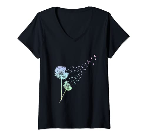 Damen Pusteblume Design Bunt Frühling Blumen Muster Dandelion T-Shirt mit V-Ausschnitt von Buntes Pusteblume Muster mit Vögel