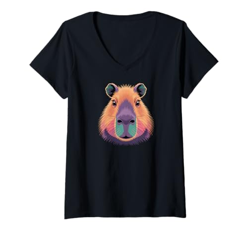 Damen Lebendige Bunte Capybara Gesicht Kopf Vaporwave Synthwave T-Shirt mit V-Ausschnitt Damen Lebendige Bunte Capybara Gesicht Kopf Vaporwave Synthwave T-Shirt mit V-Ausschnitt von Buntes Wildtier Capybara Retro 80er Jahre Waldtier