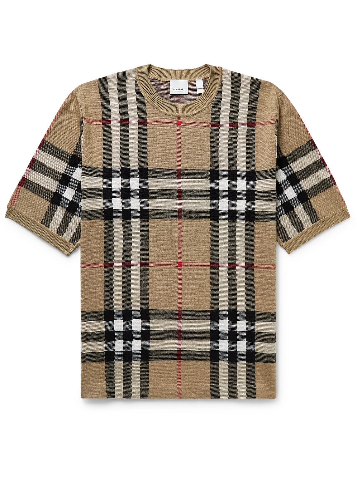 Burberry - Checked Birdseye Silk and Wool-Blend T-Shirt - Men - Neutrals - L von Burberry