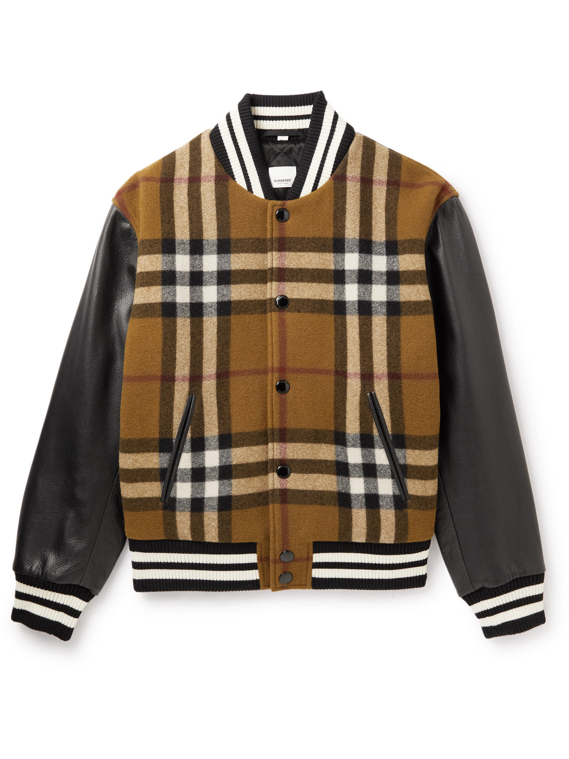 Burberry - Checked Wool-Blend and Full-Grain Leather Varsity Jacket - Men - Brown - IT 46 von Burberry