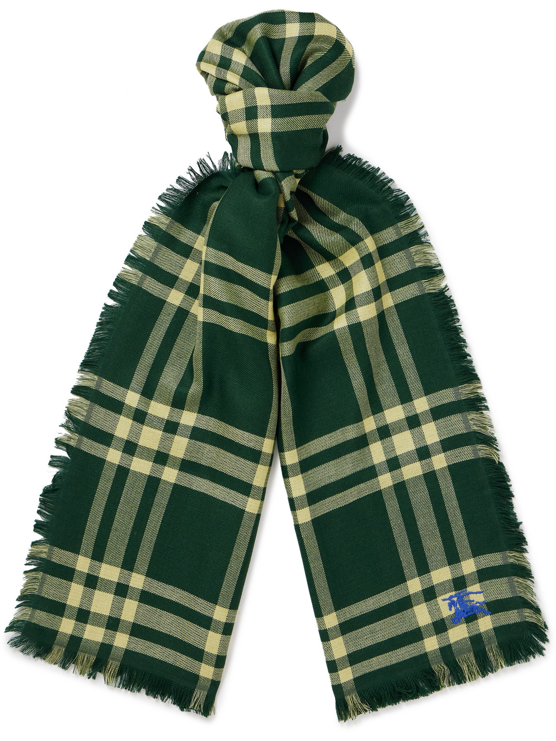 Burberry - Fringed Logo-Embroidered Checked Wool-Blend Scarf - Men - Green von Burberry