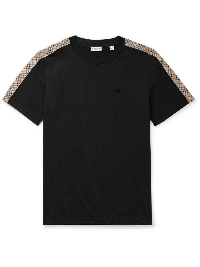 Burberry - Logo-Embroidered Checked Jacquard-Trimmed Cotton-Jersey T-Shirt - Men - Black - XS Burberry - Logo-Embroidered Checked Jacquard-Trimmed Cotton-Jersey T-Shirt - Men - Black - XS von Burberry