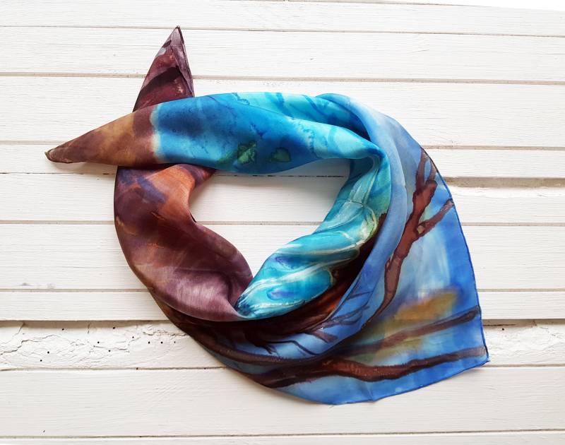 Bemalter Schal - Frauen Boho Blauer Sommer Seide Leichter Idee von Burbulesilk