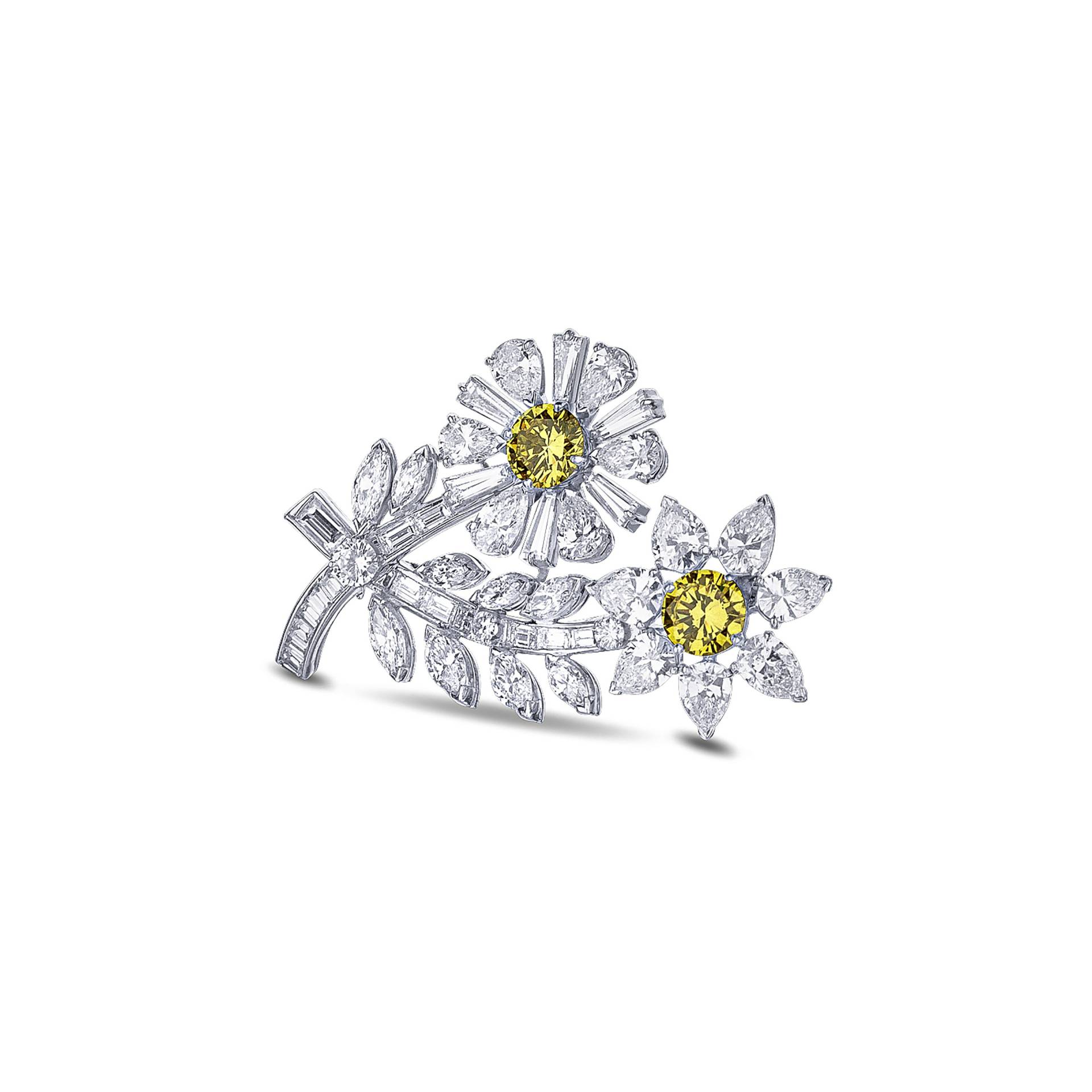 Platingelbe Diamant Florale Brosche von BurdeensJewelry