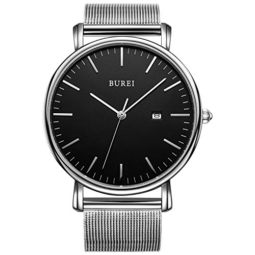 BUREI Herren Uhren Ultra Dünne Schwarze Minimalistische Quartz mit Datumsanzeige von BUREI