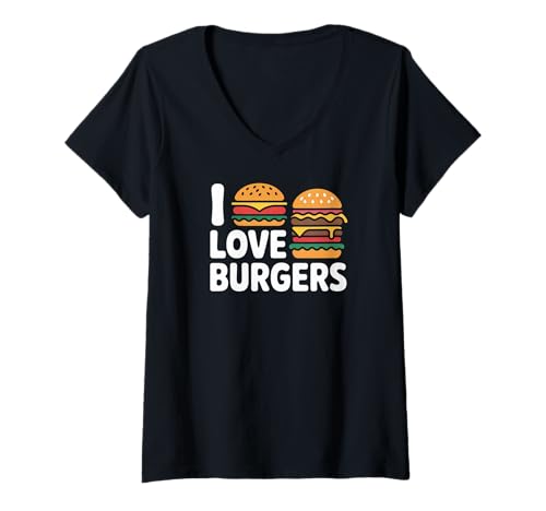 Damen Statement „Ich Liebe Burger — Lustiges Essen“ T-Shirt mit V-Ausschnitt von Burger Enthusiast Delight Lovers