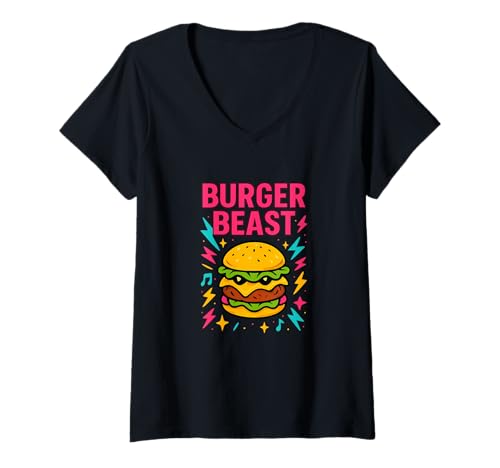 Damen Burger Beast Lustiges Neon Food Humor Design T-Shirt mit V-Ausschnitt Damen Burger Beast Lustiges Neon Food Humor Design T-Shirt mit V-Ausschnitt von Burger Humor and Neon Food Lover Apparel