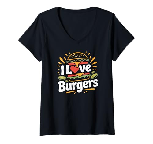 Damen Ich Liebe Burger Leckeres Grafikdesign T-Shirt mit V-Ausschnitt Damen Ich Liebe Burger Leckeres Grafikdesign T-Shirt mit V-Ausschnitt von Burger Lovers Fun Foodie Fast Food