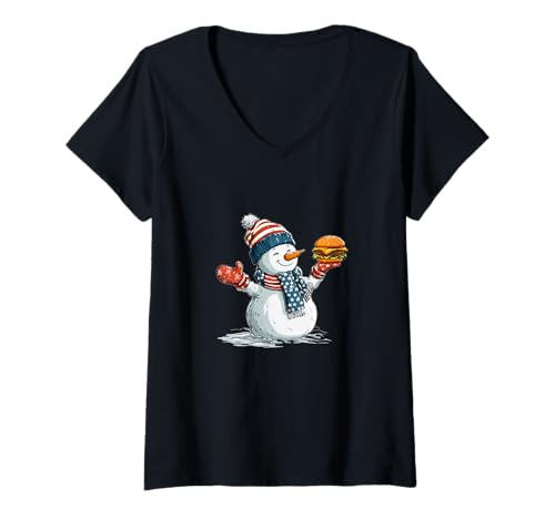 Damen Burger im Winter mit Schneemann Kostüm T-Shirt mit V-Ausschnitt Damen Burger im Winter mit Schneemann Kostüm T-Shirt mit V-Ausschnitt von Burger Snowman Outfit