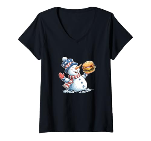 Damen Cooles Lachender Schneemann mit Burger Kostüm T-Shirt mit V-Ausschnitt Damen Cooles Lachender Schneemann mit Burger Kostüm T-Shirt mit V-Ausschnitt von Burger Snowman Outfit