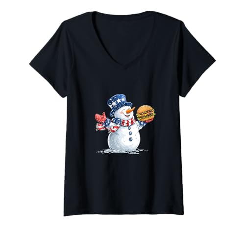 Damen Glücklicher Schneemann mit Burger für Fast-Food-Liebhaber T-Shirt mit V-Ausschnitt Damen Glücklicher Schneemann mit Burger für Fast-Food-Liebhaber T-Shirt mit V-Ausschnitt von Burger Snowman Outfit