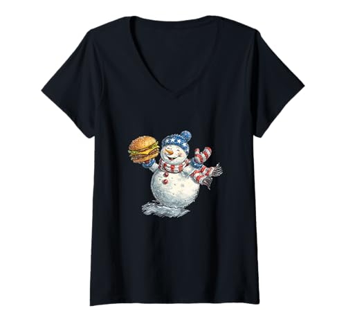 Damen Lustiger Frozen Burger mit patriotischem Schneemann T-Shirt mit V-Ausschnitt Damen Lustiger Frozen Burger mit patriotischem Schneemann T-Shirt mit V-Ausschnitt von Burger Snowman Outfit
