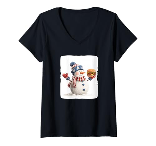 Damen Lustiger Schneemann mit Fast Food Burger Kostüm T-Shirt mit V-Ausschnitt Damen Lustiger Schneemann mit Fast Food Burger Kostüm T-Shirt mit V-Ausschnitt von Burger Snowman Outfit