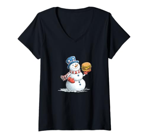 Damen Patriotischer Burger mit Zylinder Schneemann Kostüm T-Shirt mit V-Ausschnitt Damen Patriotischer Burger mit Zylinder Schneemann Kostüm T-Shirt mit V-Ausschnitt von Burger Snowman Outfit