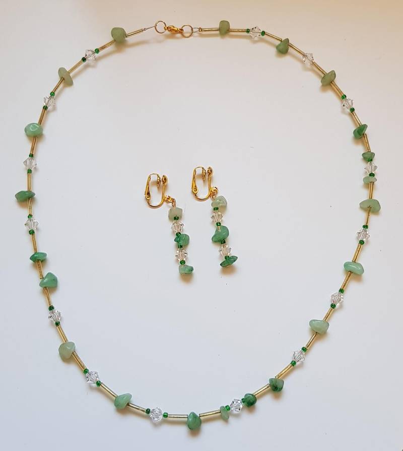 Schmuckset Mit Naturstein Aventurine, Collier Und Ohrclips Schmuck Set Aventurin, Heilsteine von BurgisKlunkerkiste