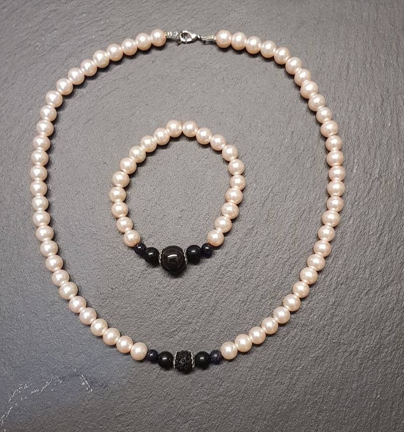 Perlenketten Set, Perlenkette Und Armband, Collier Mit Armband Rosé-Schwarz, Elegantes Perlen Collier, Perlenschmuck Auch Einzeln Erhältlich von BurgisKlunkerkiste