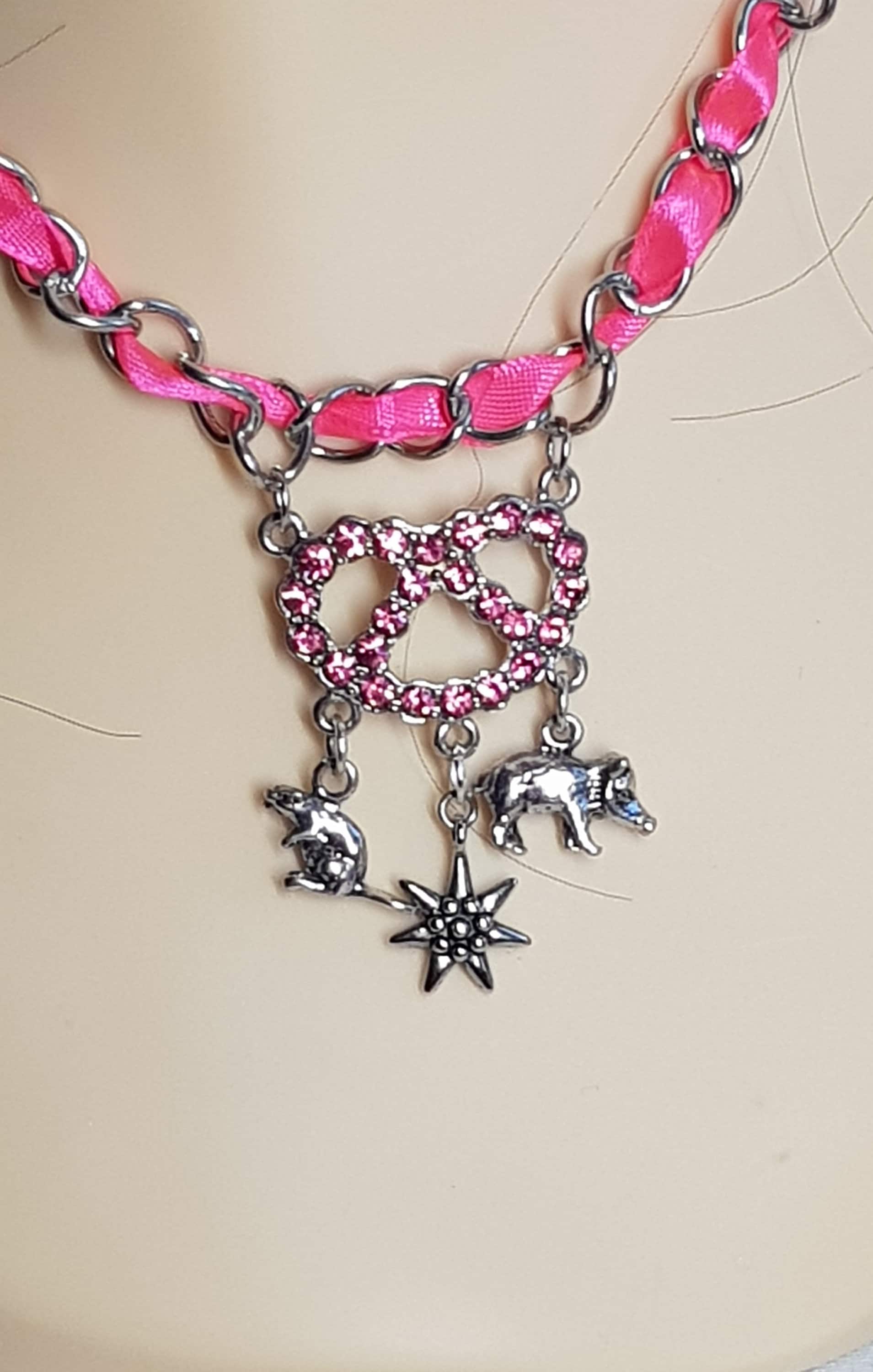 Trachtenkette Pink Mit Anhänger Brezel Und Kristallsteinchen, Trachtenketten Set Halskette Clips, Trachten-Outfit, Bayrisch Style von BurgisKlunkerkiste
