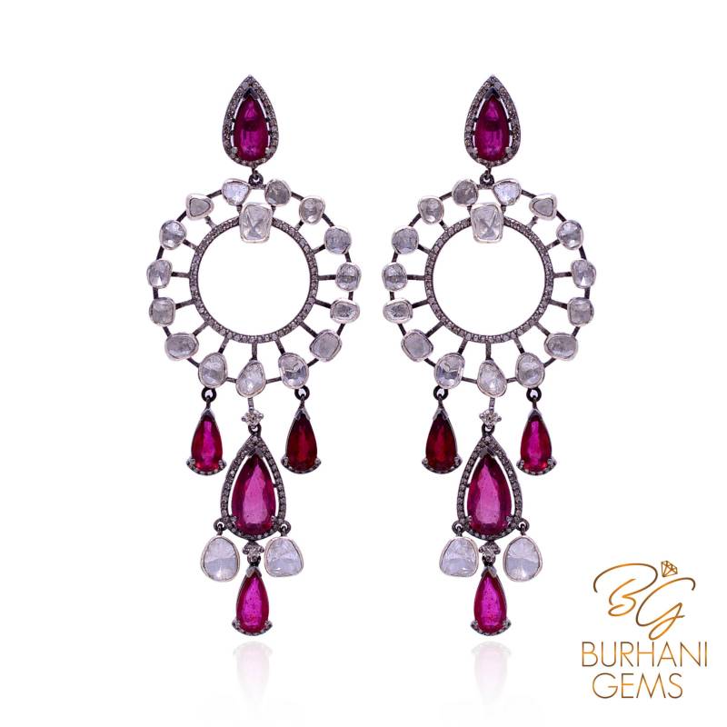 10.30 Ct Diamant Ohrringe, Polki Bali Designer Antike Sterling Silber 925, Rosecut Ohrringe von BurhaniGem