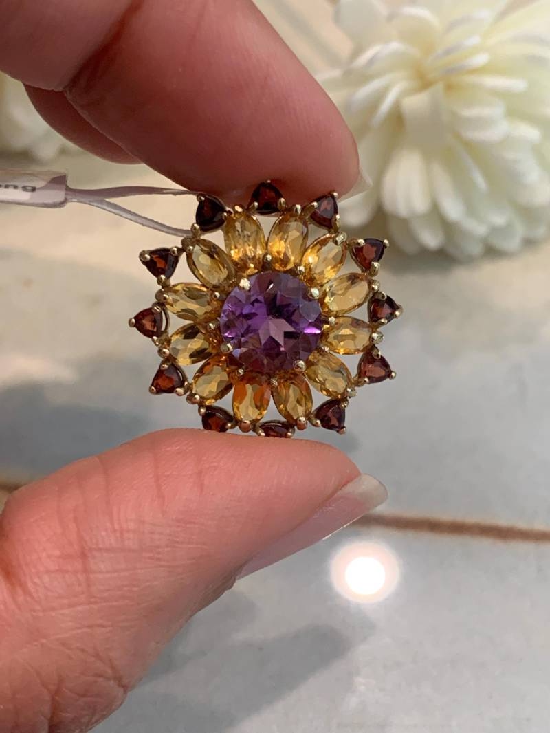 10Kt Gelbgold Amethyst Citrin Granat Anhänger, Floraler Anhänger von BurhaniGem
