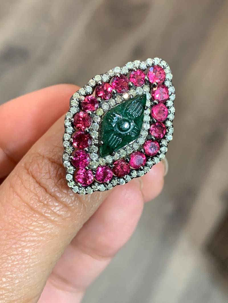 Geschnitzter Smaragd & Turmalin Diamant Ring, Pink Rosecut 925 Sterling Silber Ring von BurhaniGem