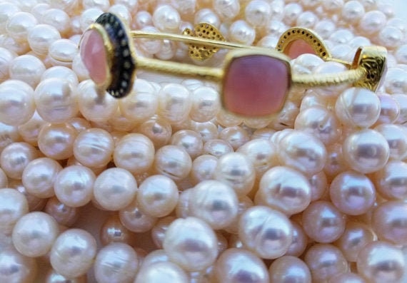 Rosecut Diamant Armband, Pave Diamanten, Pink Opal Gold Armreif, Designer Viktorianisch, Antik, Geschenk von BurhaniGem