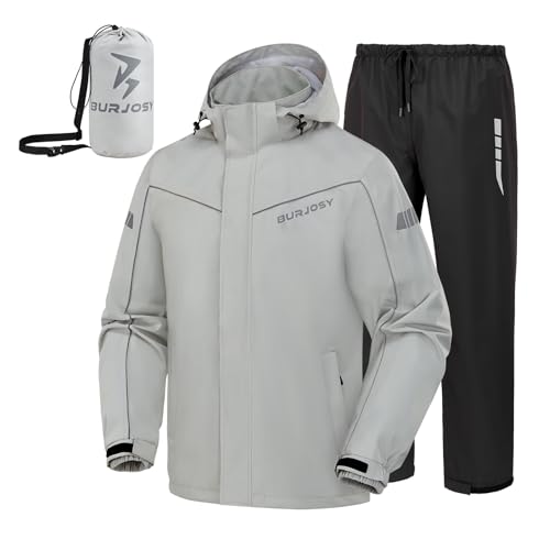 Regenanzug Herren, Wasserdicht Regenjacke Regenhose, Packbare Leicht Reflektierende Windjacke mit Kapuze, Atmungsaktiv Fahrrad Regenmantel für Outdoor Wandern Camping von Burjosy