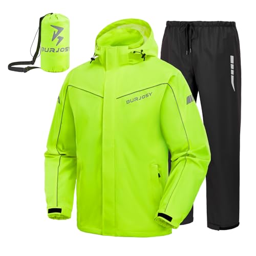Regenanzug Herren, Wasserdicht Regenjacke Regenhose, Packbare Leicht Reflektierende Windjacke mit Kapuze, Atmungsaktiv Fahrrad Regenmantel für Outdoor Wandern Camping von Burjosy