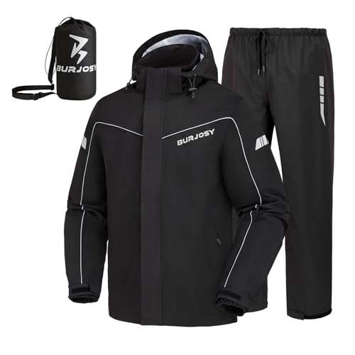 Regenanzug Herren, Wasserdicht Regenjacke Regenhose, Packbare Leicht Reflektierende Windjacke mit Kapuze, Atmungsaktiv Fahrrad Regenmantel für Outdoor Wandern Camping von Burjosy