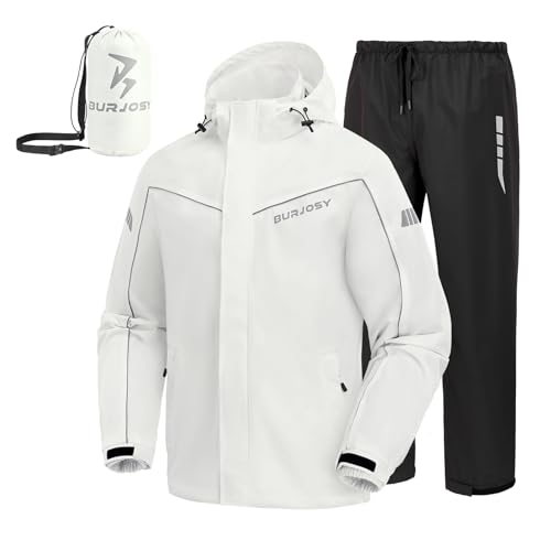 Regenanzug Herren, Wasserdicht Regenjacke Regenhose, Packbare Leicht Reflektierende Windjacke mit Kapuze, Atmungsaktiv Fahrrad Regenmantel für Outdoor Wandern Camping von Burjosy