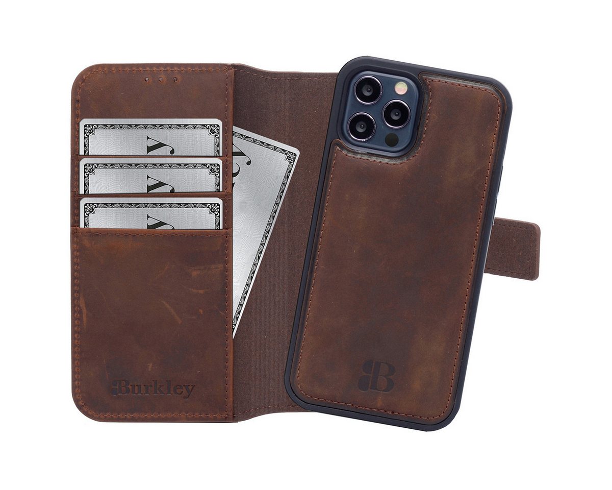 Burkley Handytasche Handytasche mit modularem Back Case (1-tlg., Book Case Lederhülle mit Kartenfach und Magnetverschluss), herausnehmbare Innenhülle, Kartenfächer, Kick-Stand von Burkley