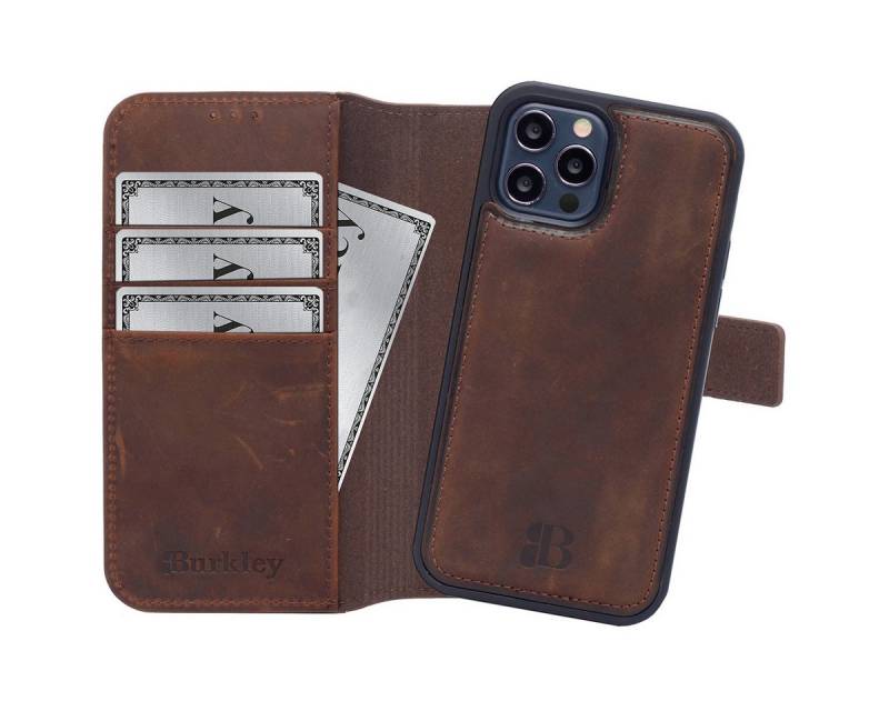 Burkley Handytasche Handytasche mit modularem Back Case (1-tlg., Book Case Lederhülle mit Kartenfach und Magnetverschluss), herausnehmbare Innenhülle, Kartenfächer, Kick-Stand von Burkley