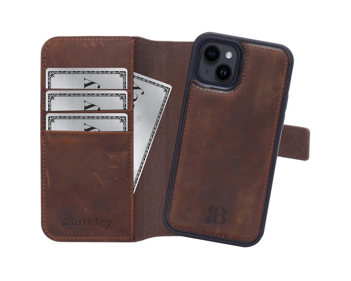 Burkley Handytasche iPhone 14 Handytasche mit modularem Back Case (1-tlg., Book Case Lederhülle mit Kartenfach und Magnetverschluss), herausnehmbare Innenhülle, Kartenfächer, Kick-Stand von Burkley