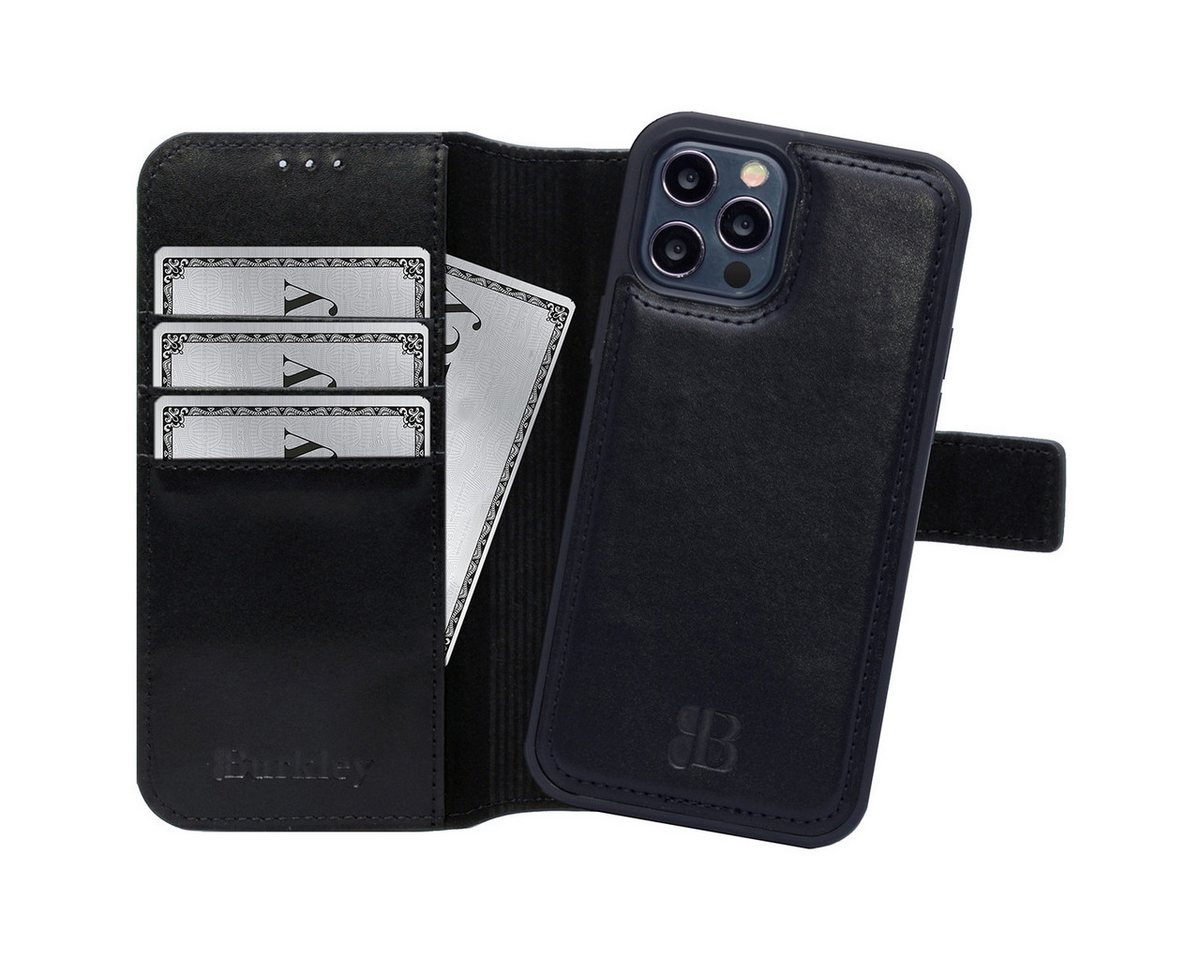 Burkley Handytasche iPhone 15 Pro Handytasche mit modularem Back Case (1-tlg., Book Case Lederhülle mit Kartenfach und Magnetverschluss), herausnehmbare Innenhülle, Kartenfächer, Kick-Stand von Burkley