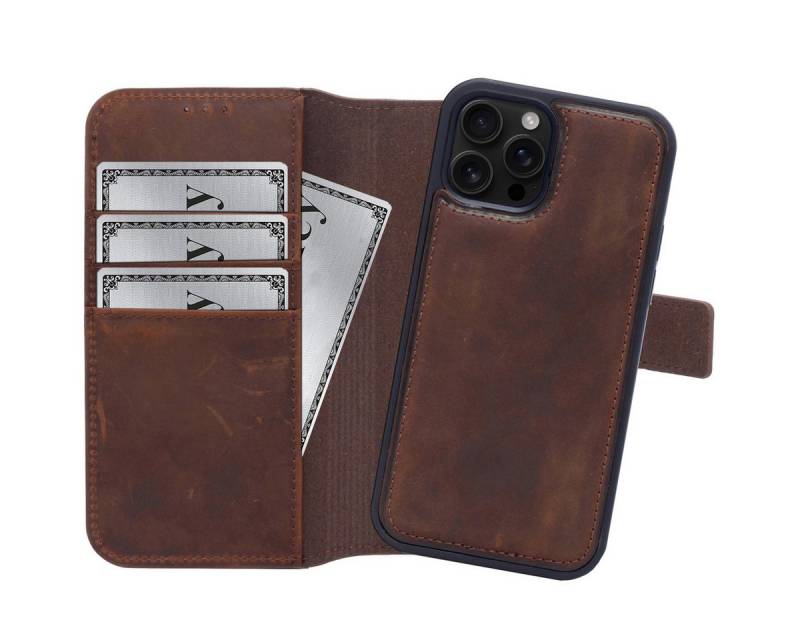 Burkley Handytasche iPhone 16 Pro Handytasche mit modularem Back Case (1-tlg., Book Case Lederhülle mit Kartenfach und Magnetverschluss), herausnehmbare Innenhülle, Kartenfächer, Kick-Stand von Burkley