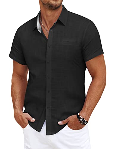 COOFANDY Hemd Herren Kurzarm Sommer Leinenhemd Slim Fit Freizeithemd Urlaub Baumwolle-Leinen Kurzarmhemd Bügelfrei Männer Hemden Schwarz M von COOFANDY