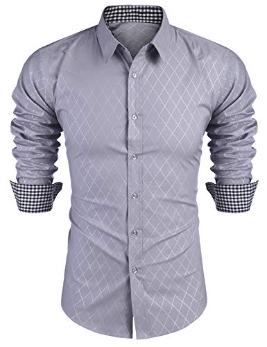 COOFANDY Herren Hemd Langarm Slim Fit Freizeithemd Diamant Muster Karohemd Business Hemd Party Hemden Modern Männer Klassisch Hemden Langarmhemd,Hellgrau,S von COOFANDY